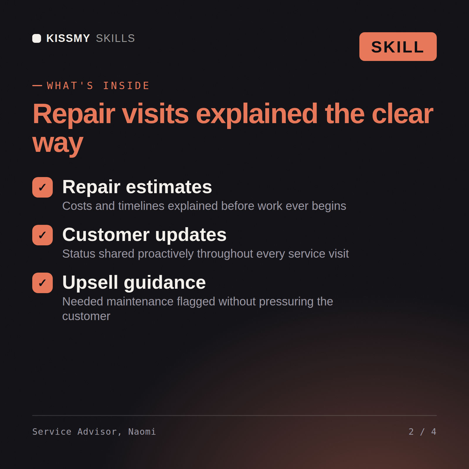 What's inside the Service Advisor, Naomi AI skill: Repair estimates, Customer updates, Upsell guidance