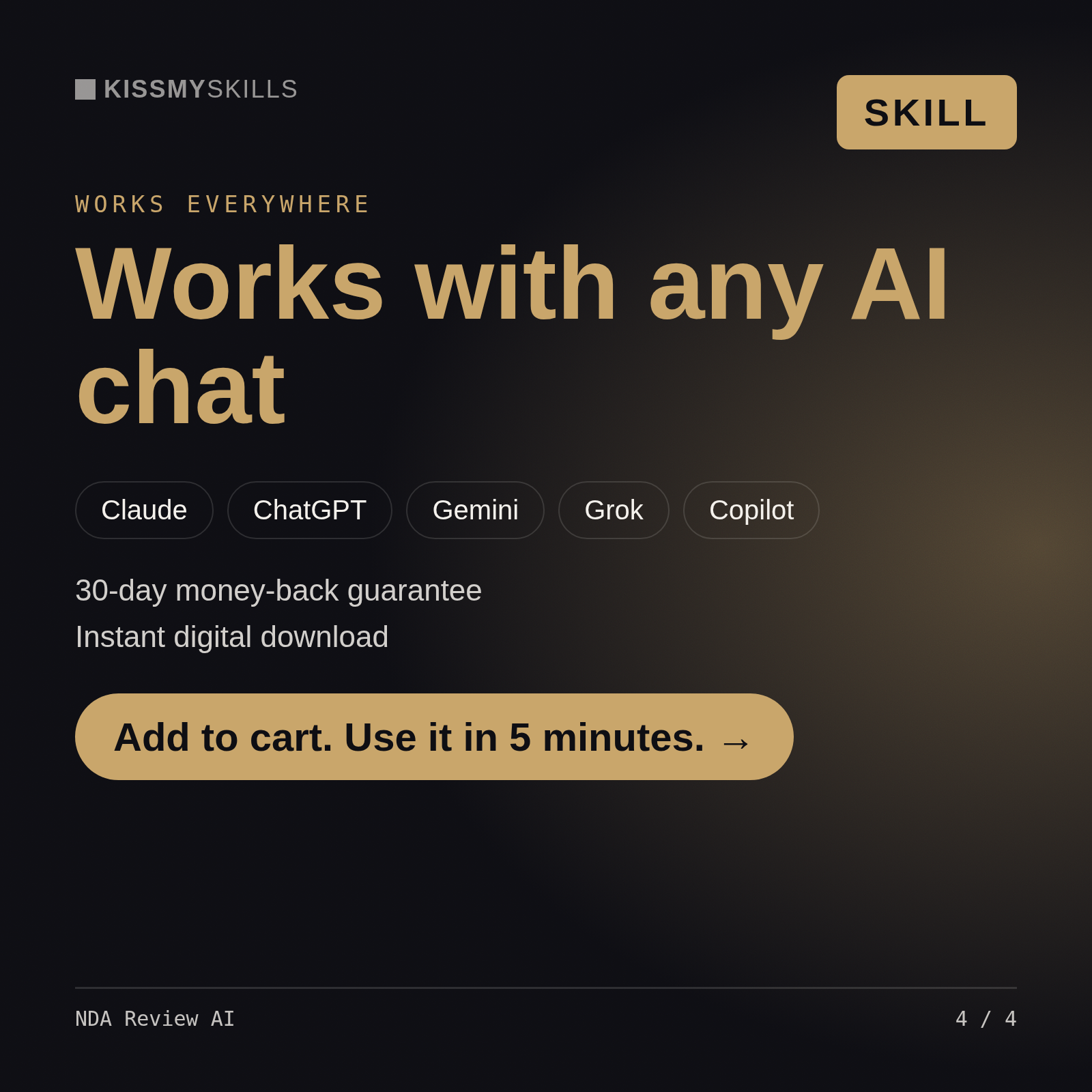 The NDA Review AI skill works with Claude, ChatGPT, Gemini and any AI chat, 30-day money-back guarantee