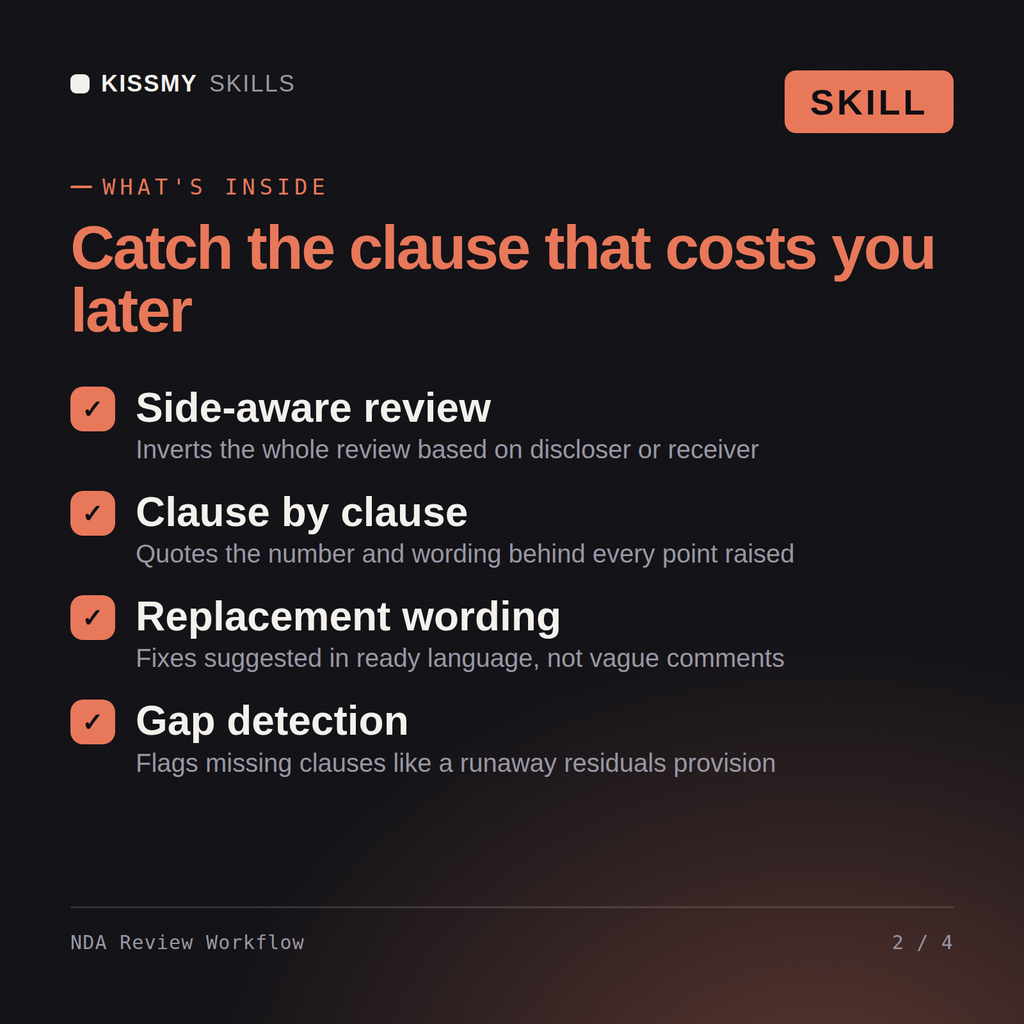 What's inside the NDA Review Workflow AI skill: Side-aware review, Clause by clause, Replacement wording, Gap detection