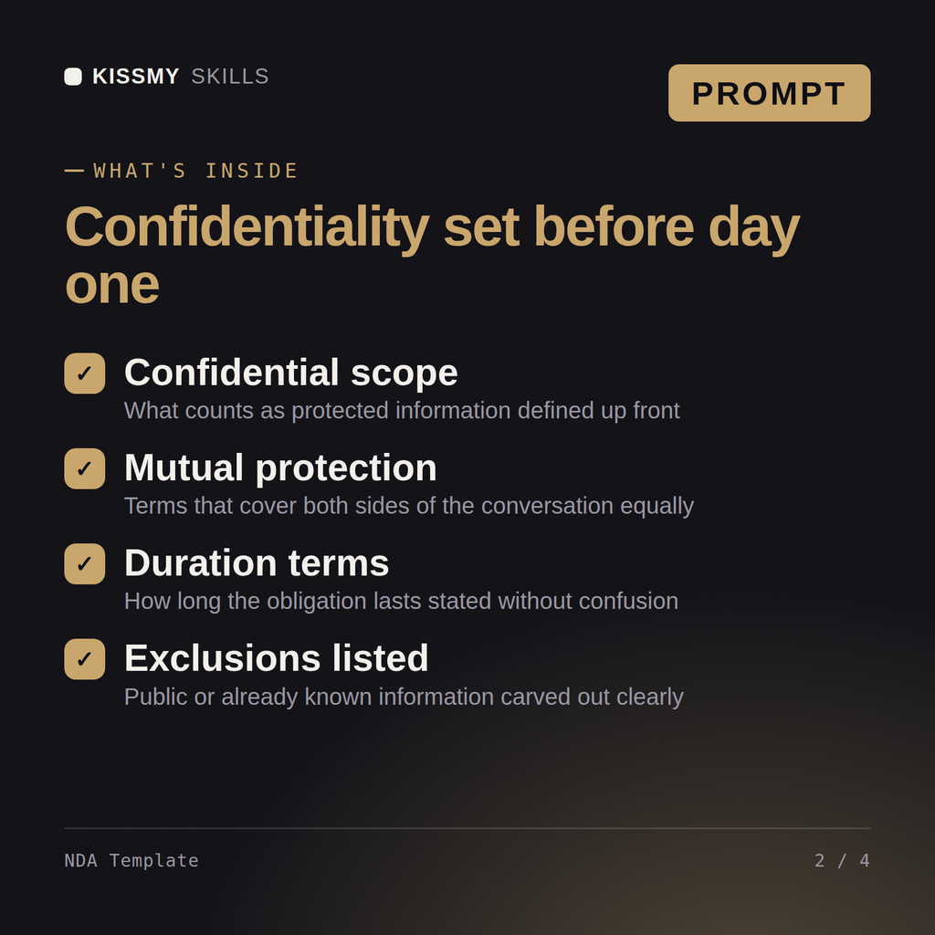 What's inside the NDA Template AI prompt: Confidential scope, Mutual protection, Duration terms, Exclusions listed