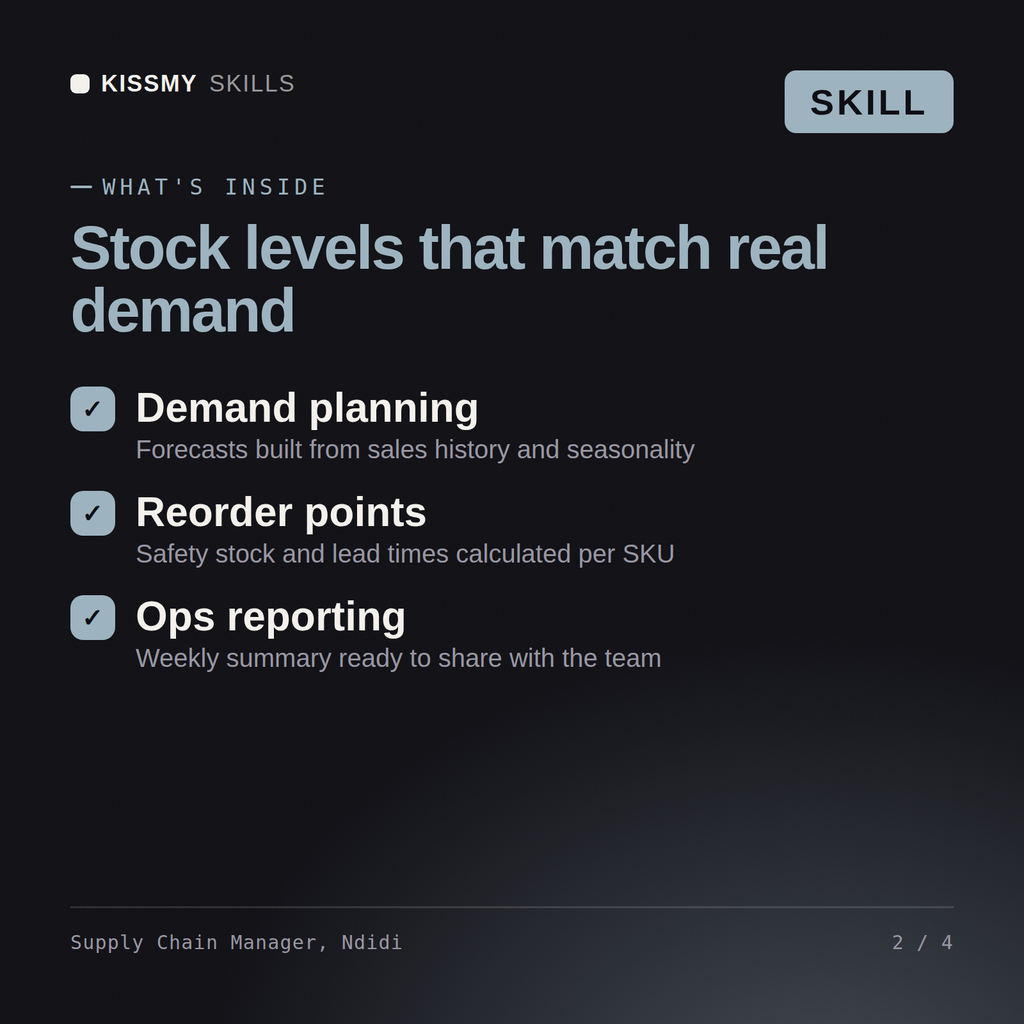 What's inside the Supply Chain Manager, Ndidi AI skill: Demand planning, Reorder points, Ops reporting