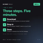 How the Nerys - UX Audit & Design Critique AI skill works in three steps: download, drop it into your AI chat, done