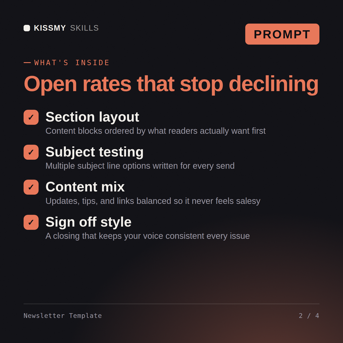 What's inside the Newsletter Template AI prompt: Section layout, Subject testing, Content mix, Sign off style