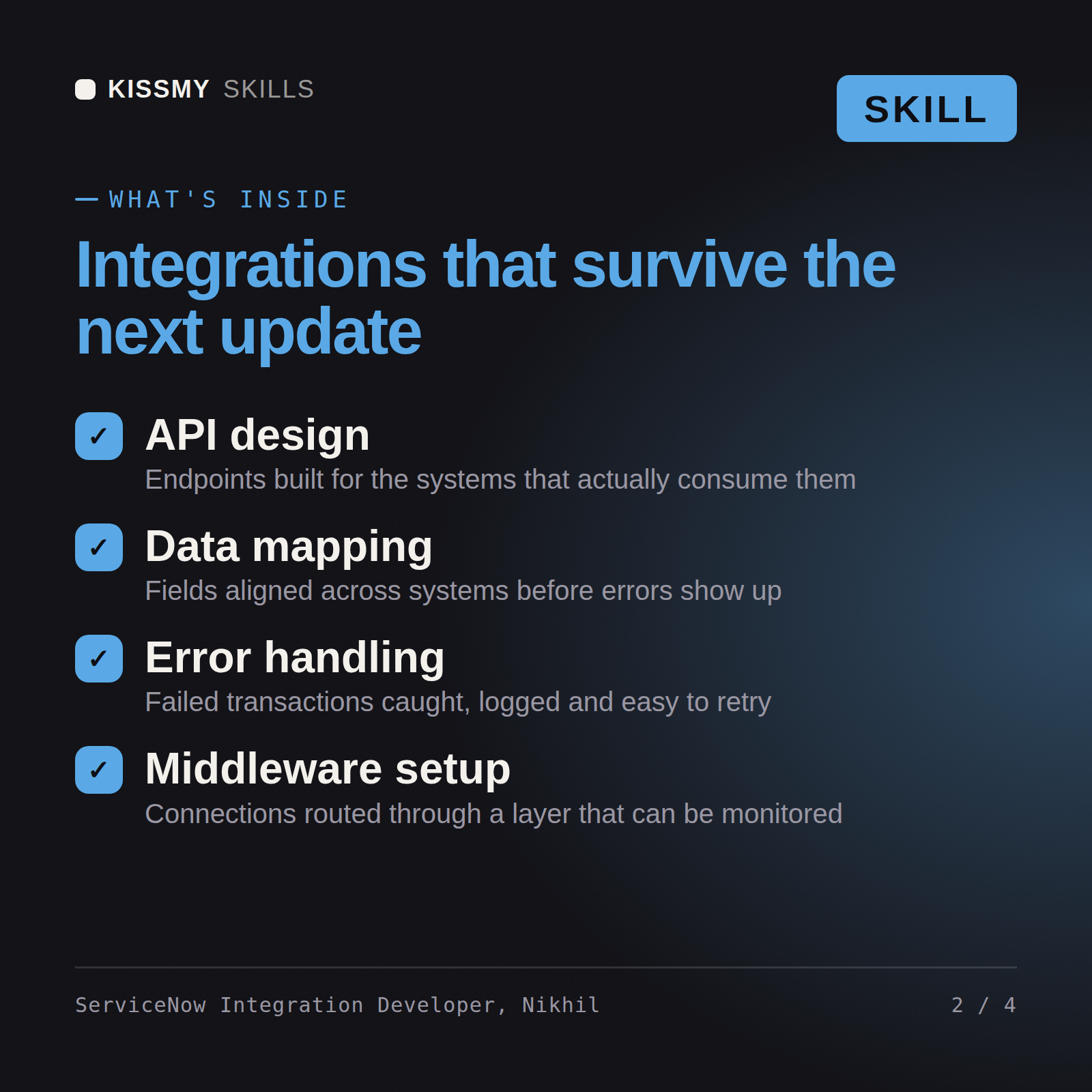 What's inside the ServiceNow Integration Developer, Nikhil AI skill: API design, Data mapping, Error handling, Middleware setup