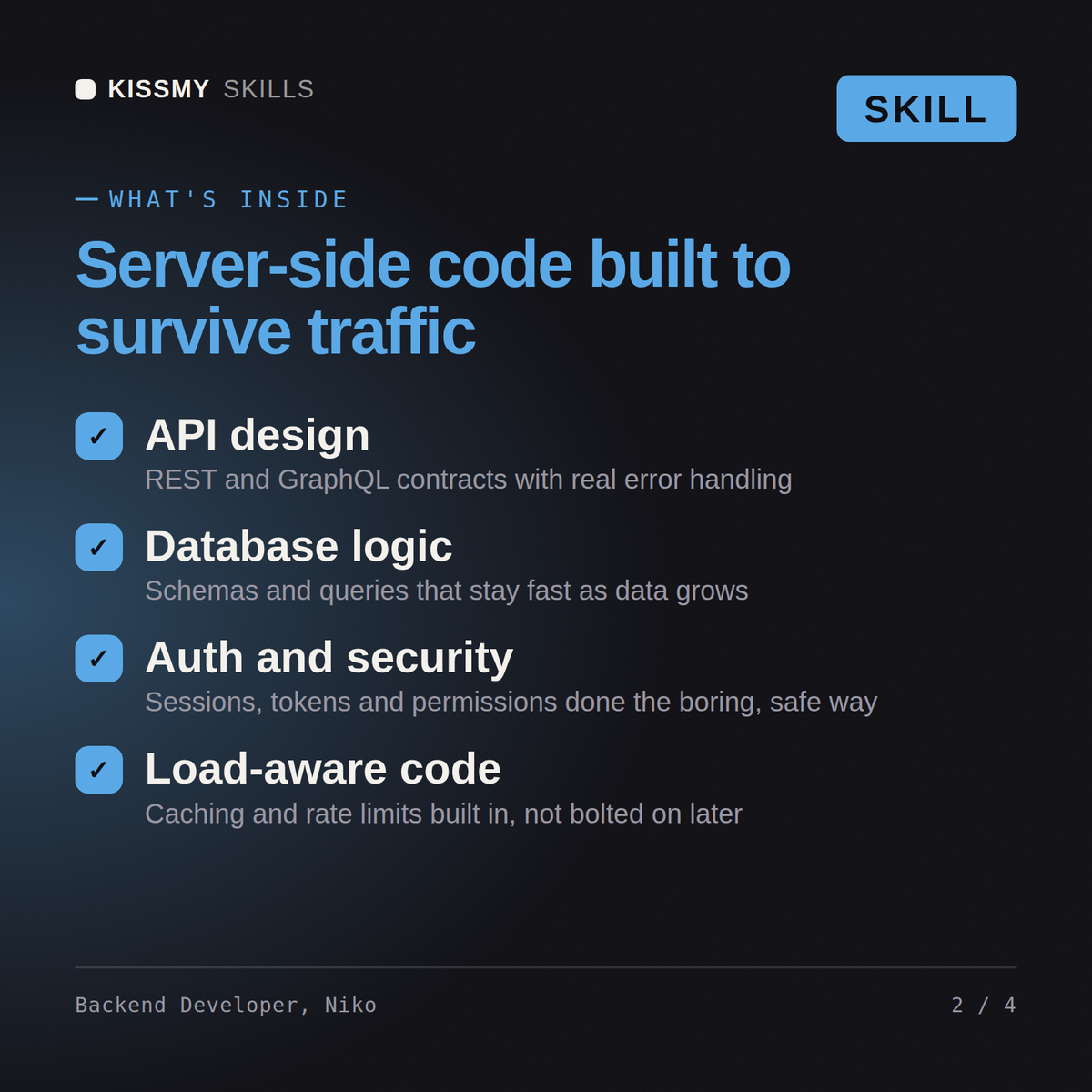 What's inside the Backend Developer, Niko AI skill: API design, Database logic, Auth and security, Load-aware code