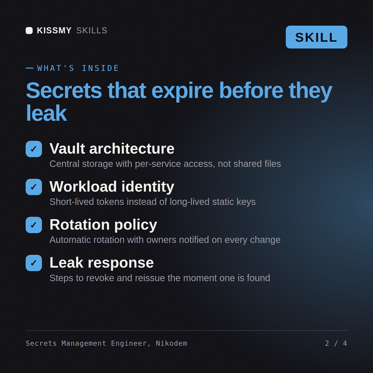 What's inside the Secrets Management Engineer, Nikodem AI skill: Vault architecture, Workload identity, Rotation policy, Leak response