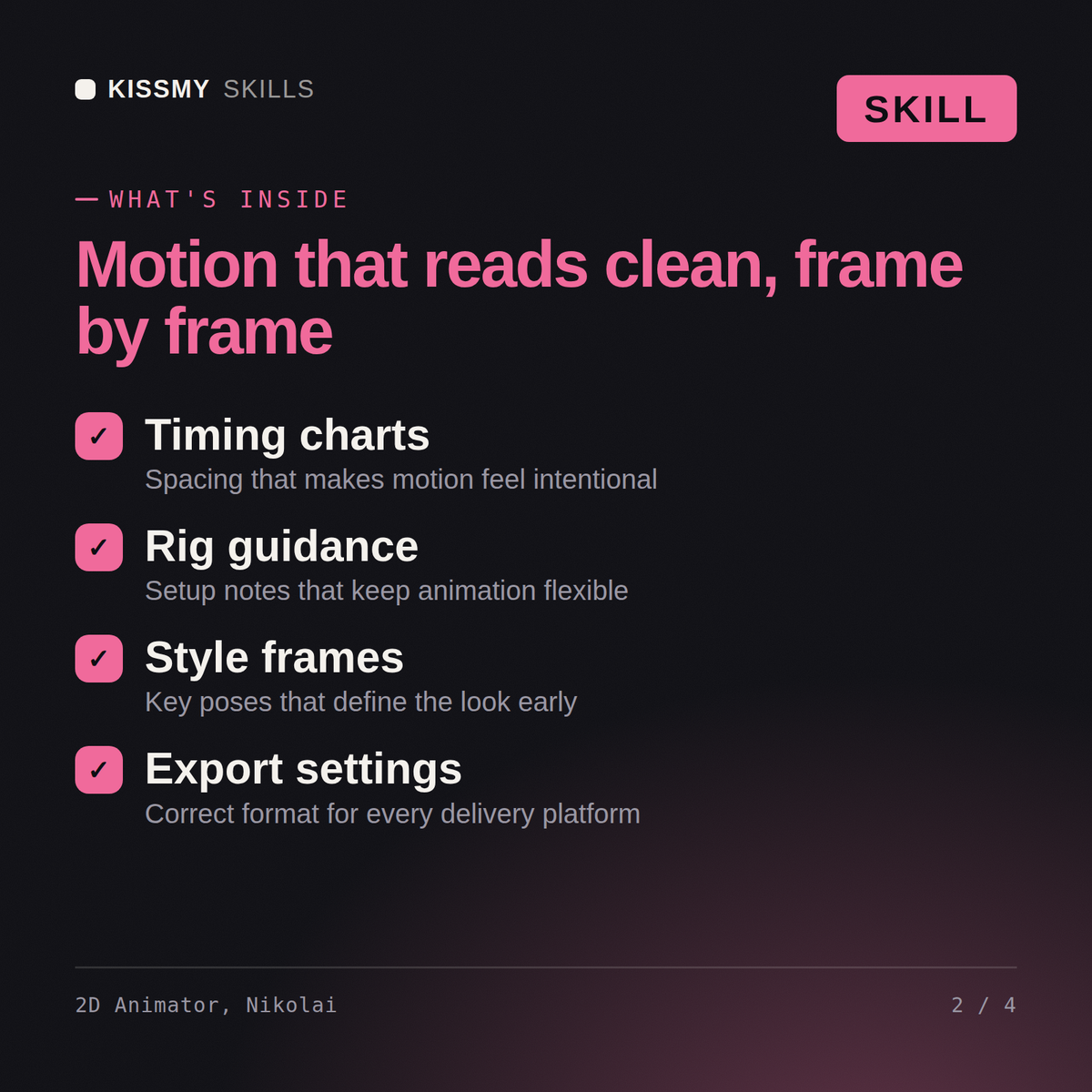 What's inside the 2D Animator, Nikolai AI skill: Timing charts, Rig guidance, Style frames, Export settings