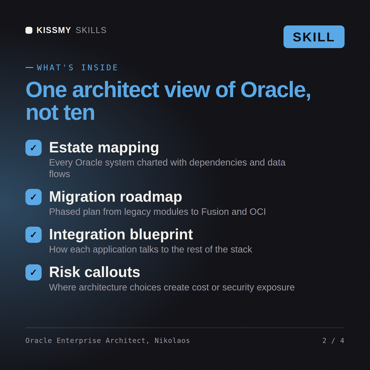 What's inside the Oracle Enterprise Architect, Nikolaos AI skill: Estate mapping, Migration roadmap, Integration blueprint, Risk callouts