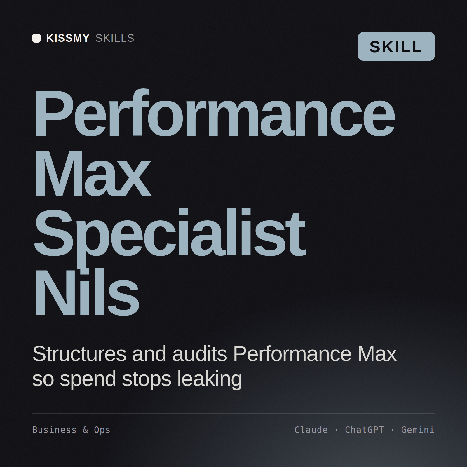 Performance Max Specialist, Nils AI skill by KissMySkills, cover