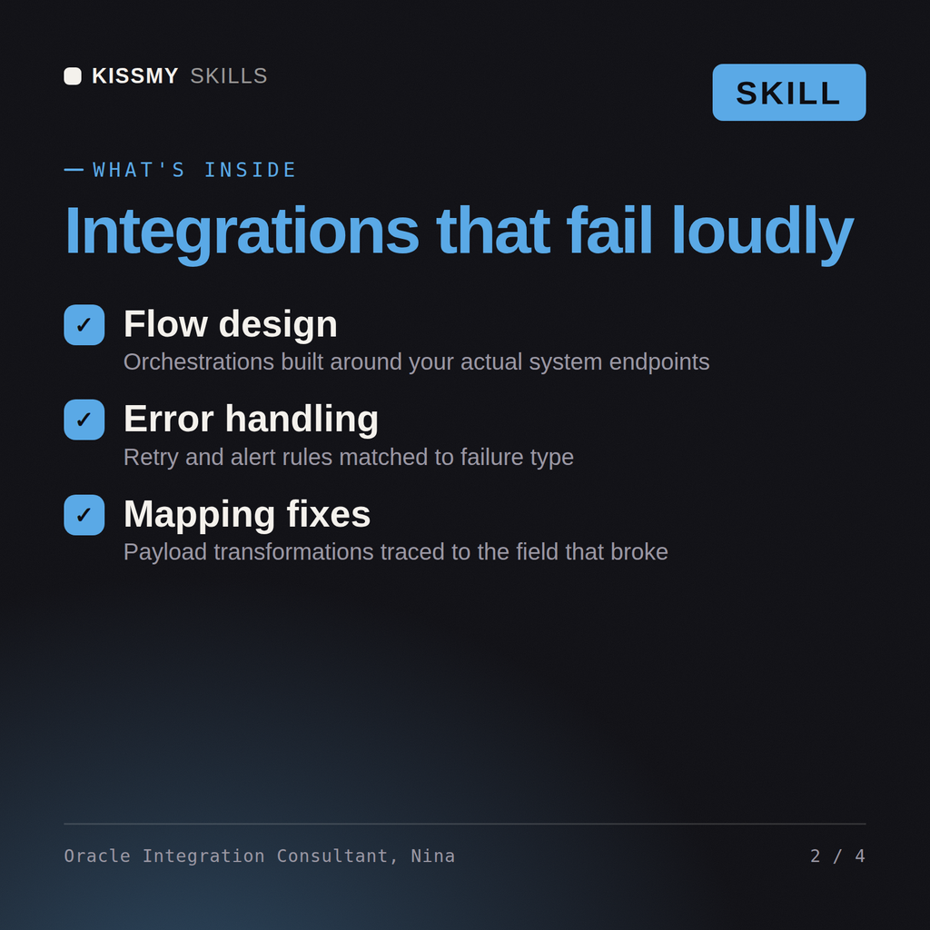 What's inside the Oracle Integration Consultant, Nina AI skill: Flow design, Error handling, Mapping fixes