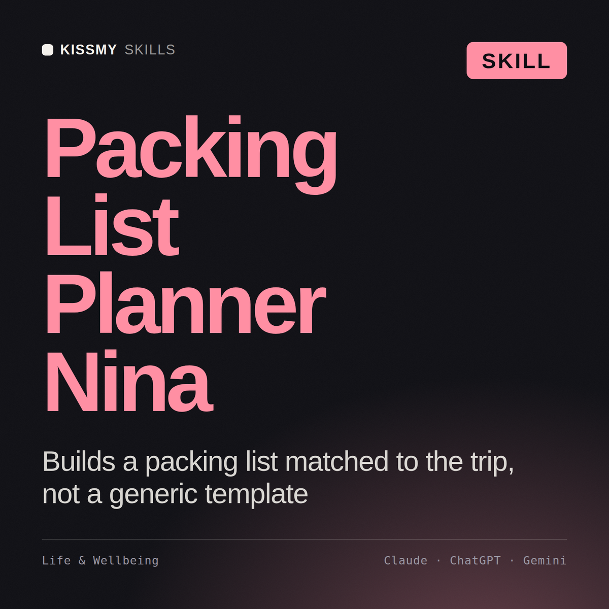 Packing List Planner, Nina AI skill by KissMySkills, cover