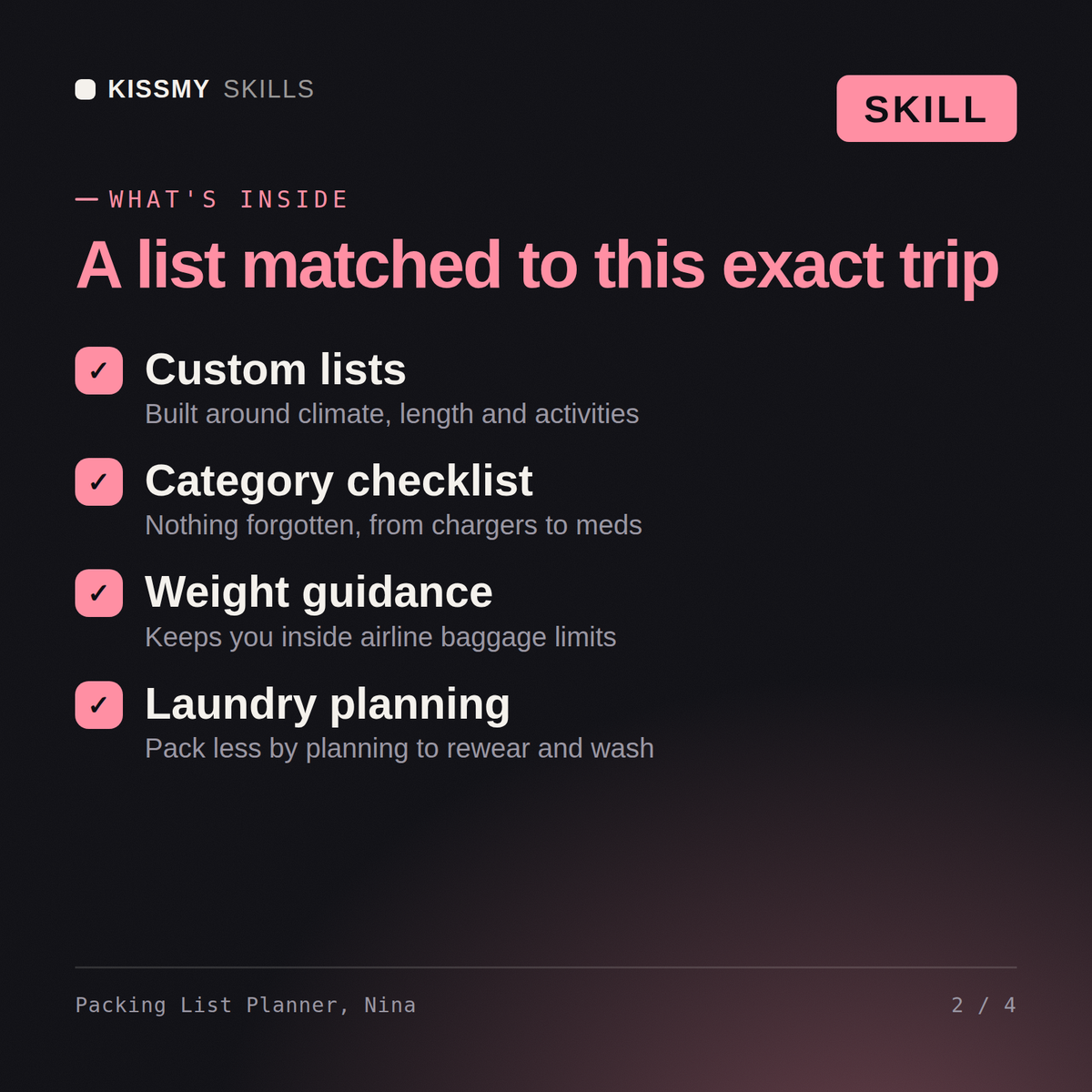 What's inside the Packing List Planner, Nina AI skill: Custom lists, Category checklist, Weight guidance, Laundry planning