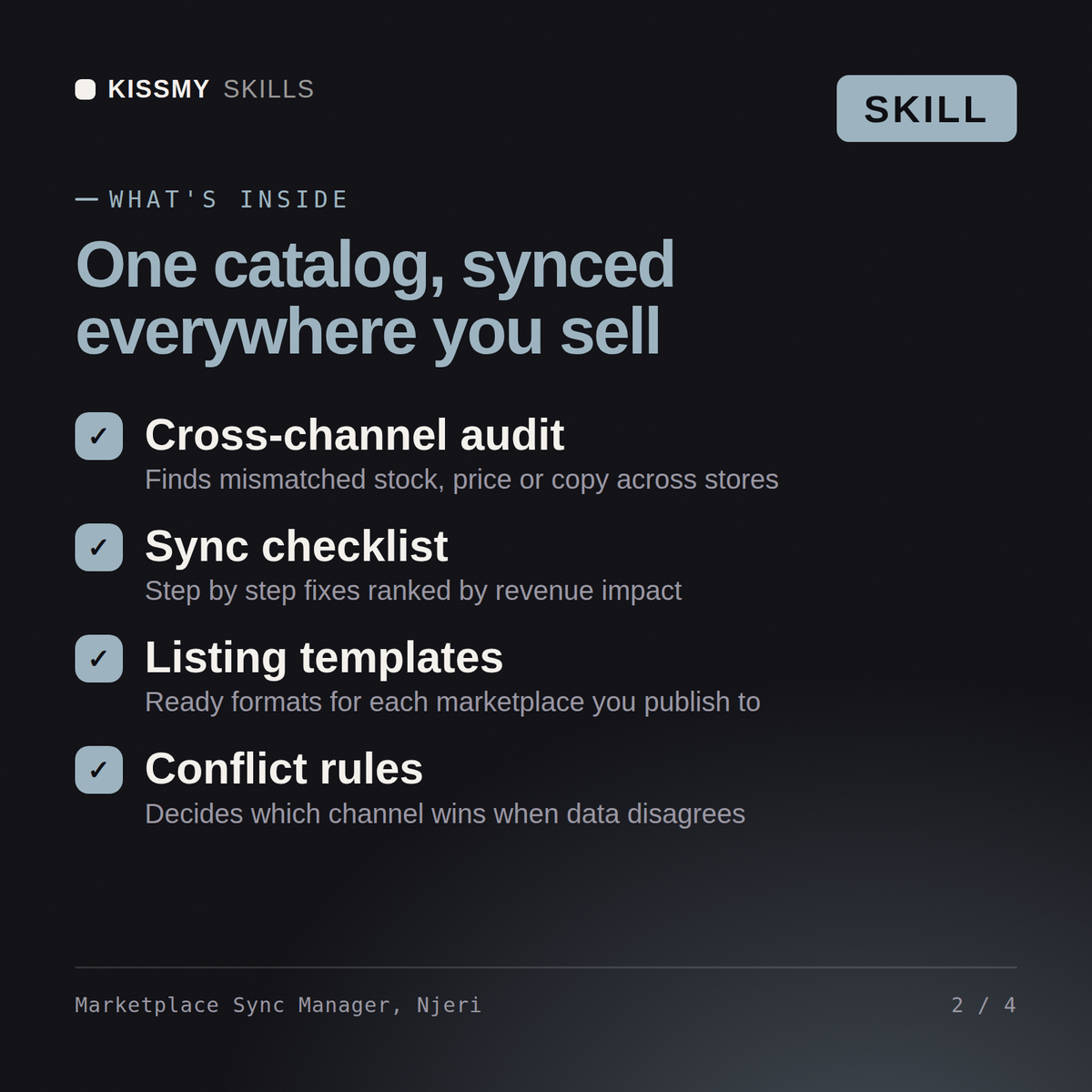 What's inside the Marketplace Sync Manager, Njeri AI skill: Cross-channel audit, Sync checklist, Listing templates, Conflict rules
