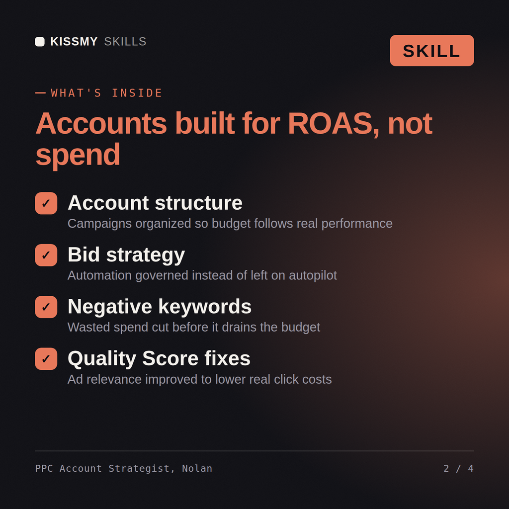 What's inside the PPC Account Strategist, Nolan AI skill: Account structure, Bid strategy, Negative keywords, Quality Score fixes