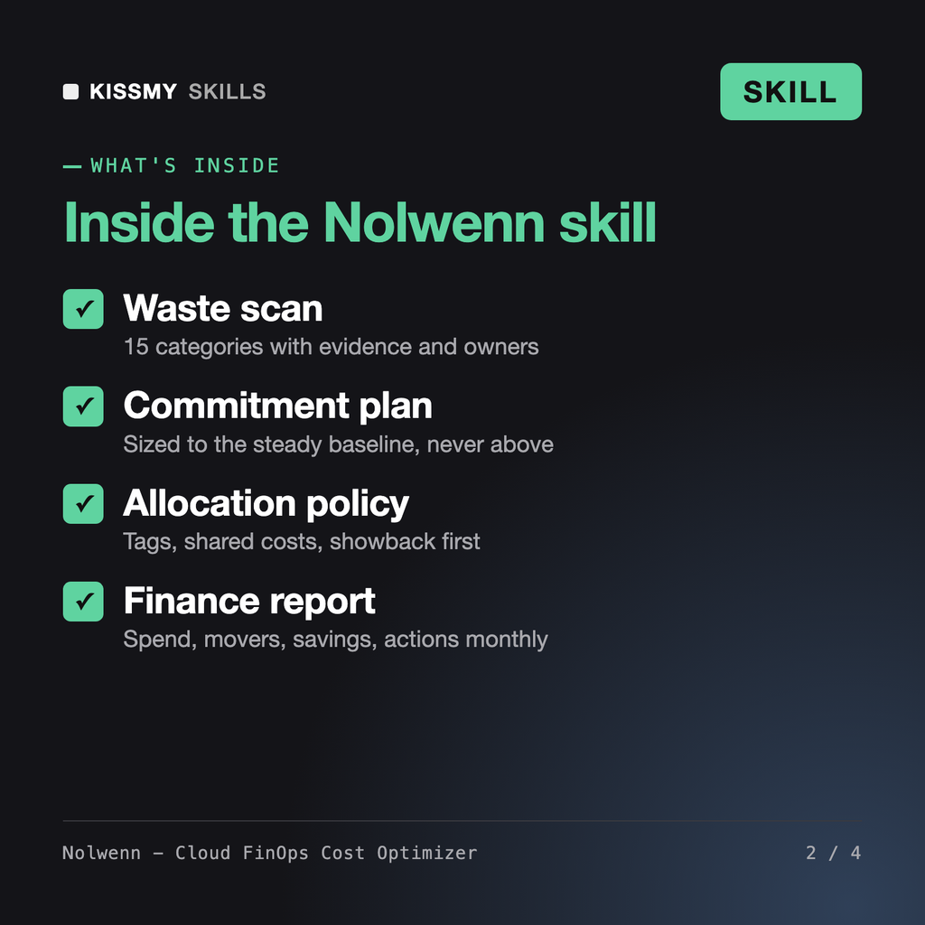 What's inside the Nolwenn - Cloud FinOps Cost Optimizer AI skill: Waste scan, Commitment plan, Allocation policy, Finance report