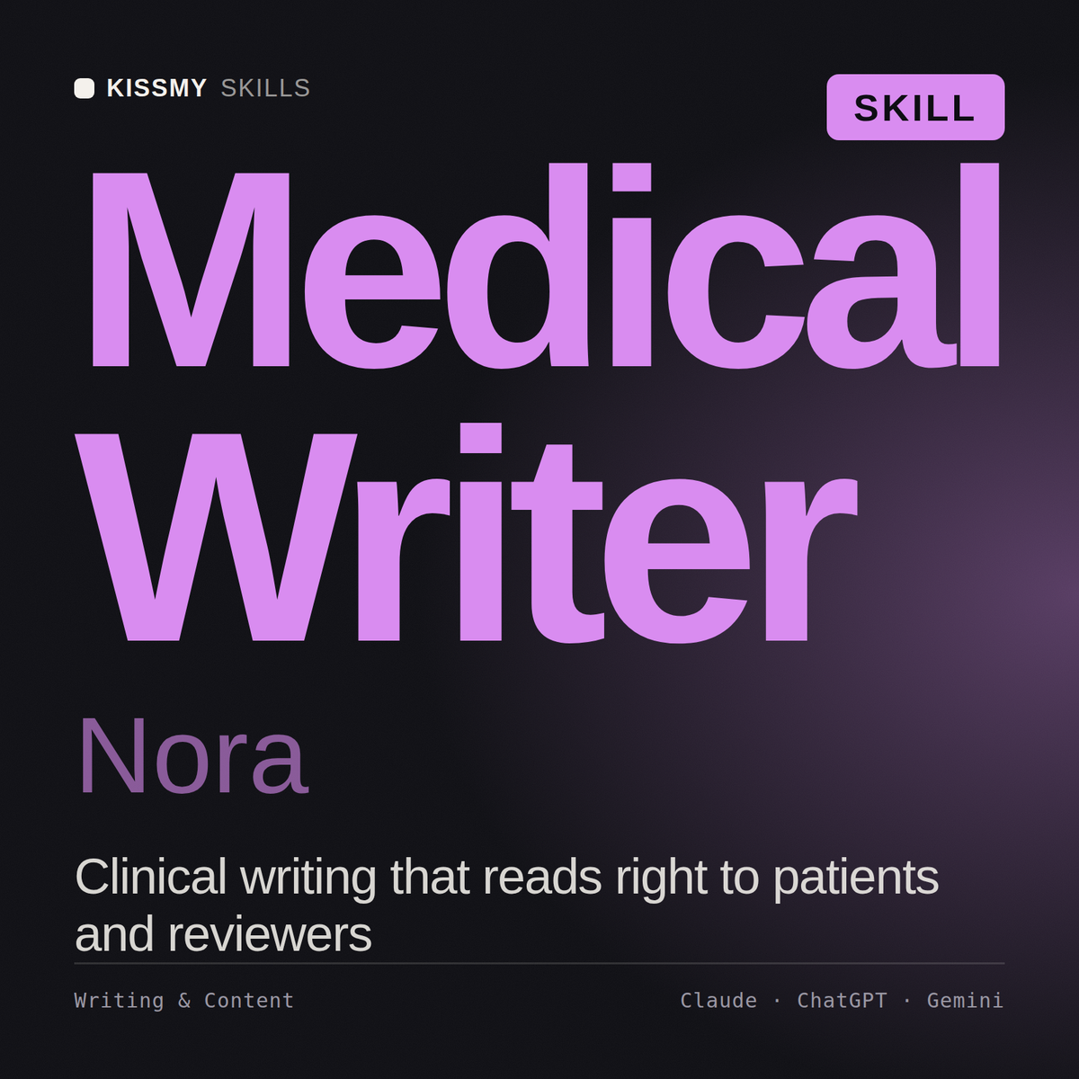 Medical Writer, Nora AI skill by KissMySkills, cover