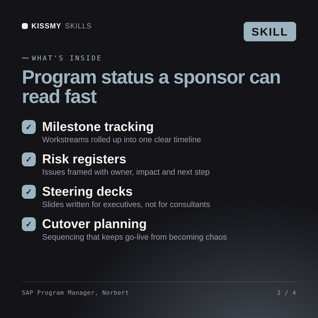 What's inside the SAP Program Manager, Norbert AI skill: Milestone tracking, Risk registers, Steering decks, Cutover planning