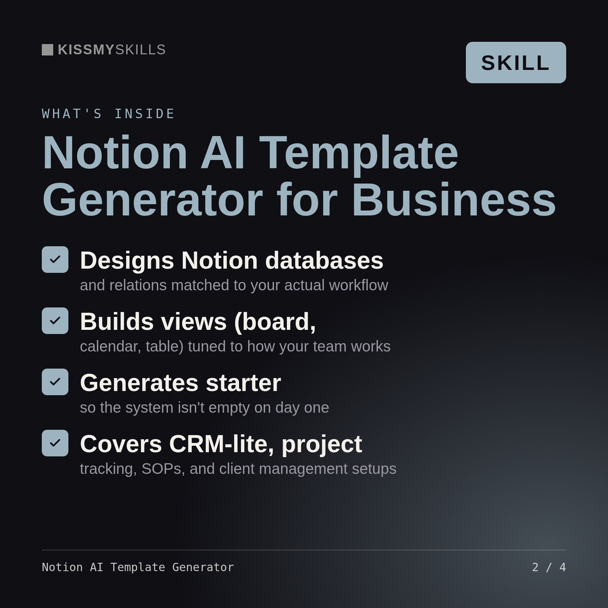 What's inside the Notion AI Template Generator skill: Designs Notion databases, Builds views (board,, Generates starter, Covers CRM-lite, project