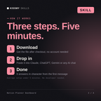 How the Notion Planner Dashboard AI skill works in three steps: download, drop it into your AI chat, done