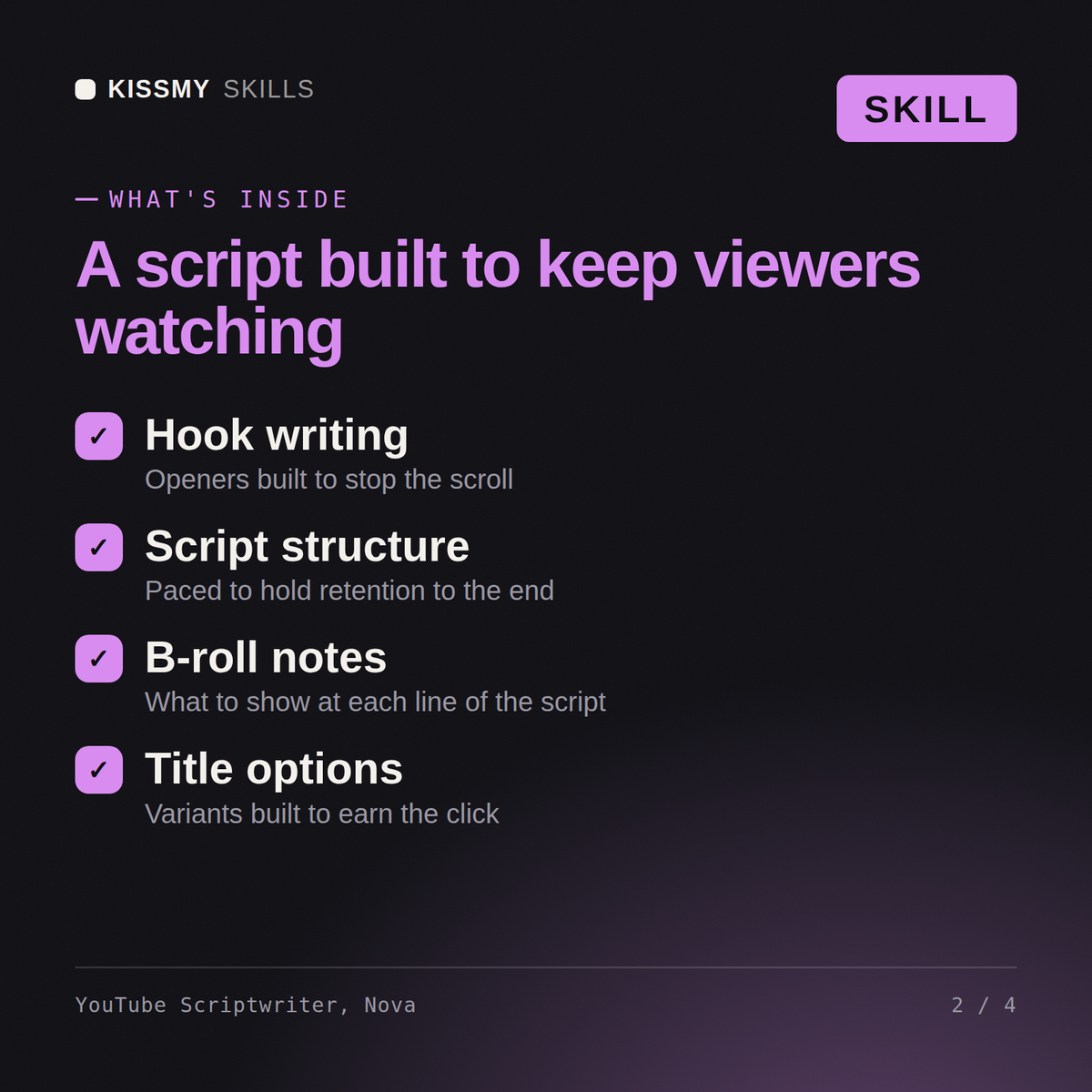 What's inside the YouTube Scriptwriter, Nova AI skill: Hook writing, Script structure, B-roll notes, Title options