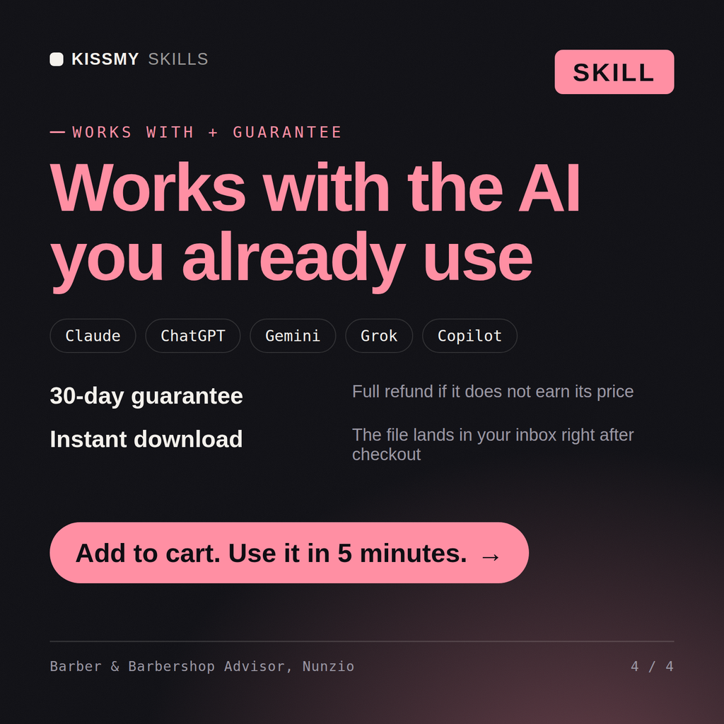 The Barber & Barbershop Advisor, Nunzio AI skill works with Claude, ChatGPT, Gemini and any AI chat, 30-day money-back guarantee