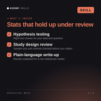 What's inside the Statistician, Nuria AI skill: Hypothesis testing, Study design review, Plain-language write-up