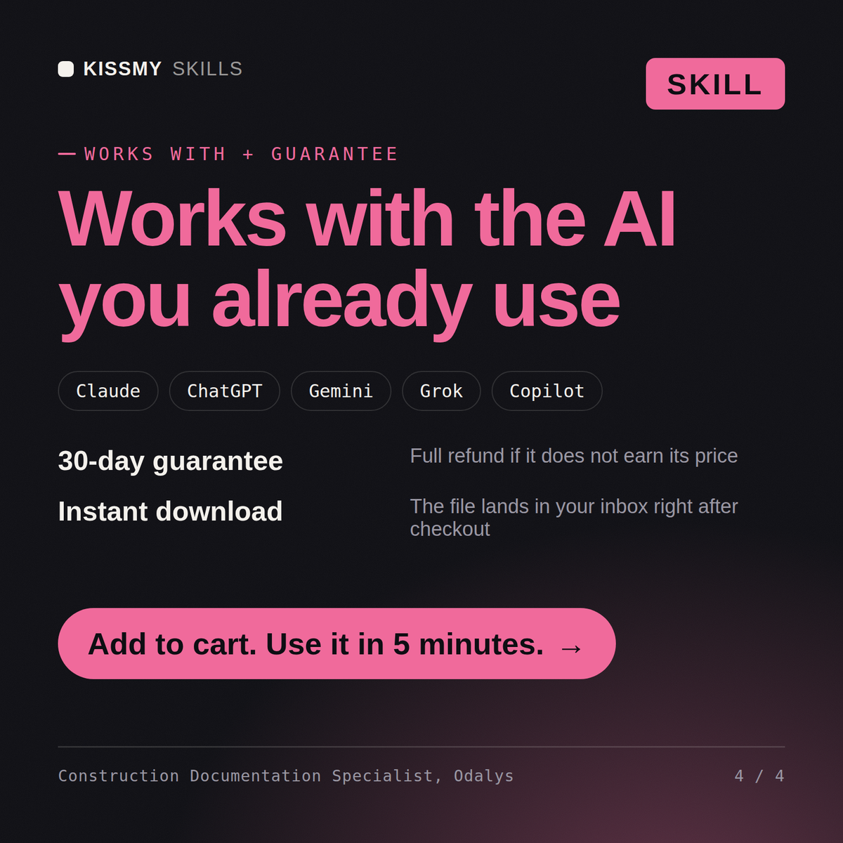 The Construction Documentation Specialist, Odalys AI skill works with Claude, ChatGPT, Gemini and any AI chat, 30-day money-back guarantee