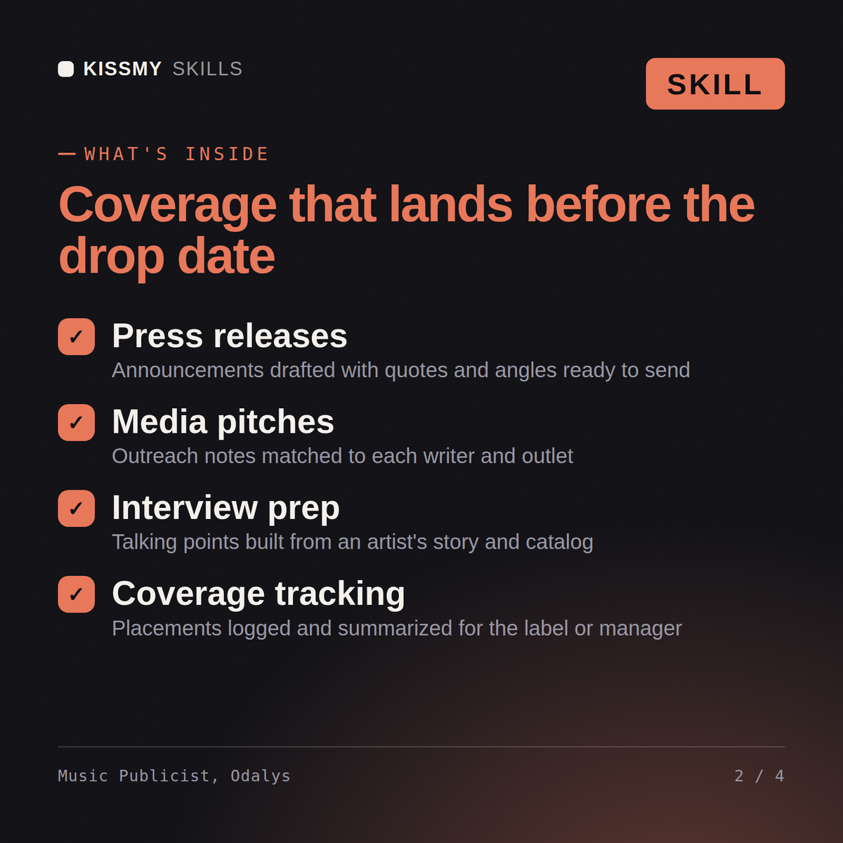 What's inside the Music Publicist, Odalys AI skill: Press releases, Media pitches, Interview prep, Coverage tracking