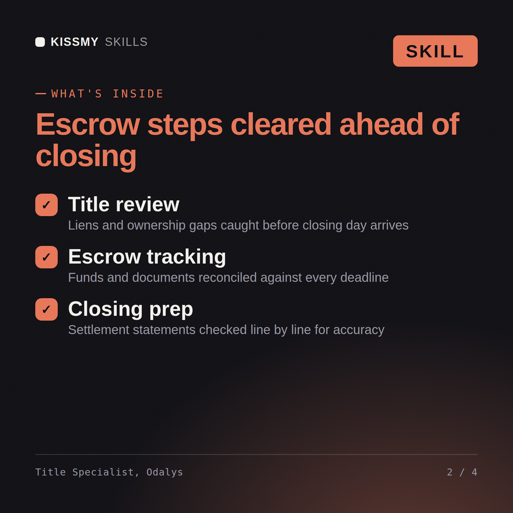What's inside the Title Specialist, Odalys AI skill: Title review, Escrow tracking, Closing prep