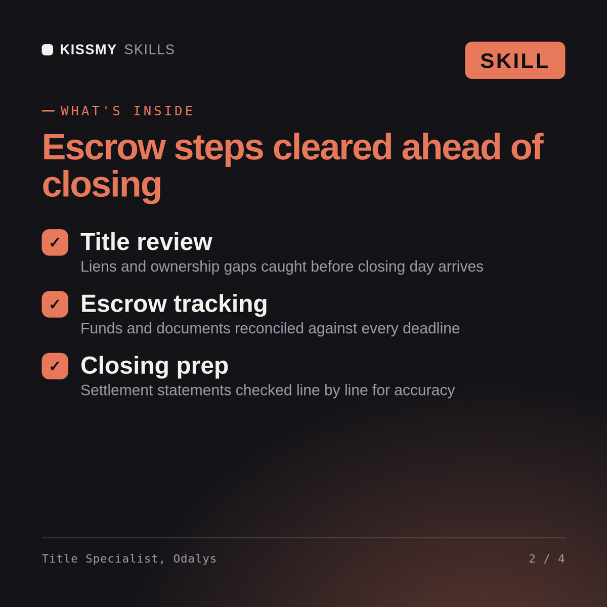 What's inside the Title Specialist, Odalys AI skill: Title review, Escrow tracking, Closing prep