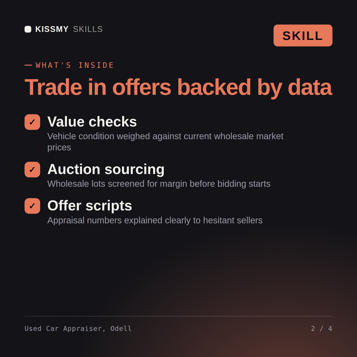 What's inside the Used Car Appraiser, Odell AI skill: Value checks, Auction sourcing, Offer scripts
