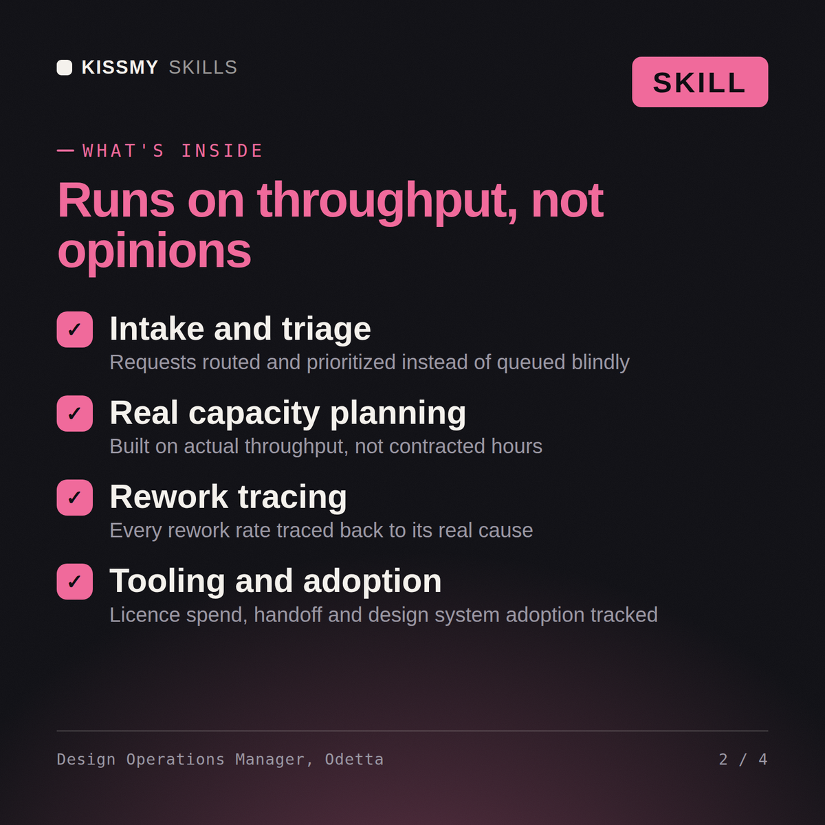 What's inside the Design Operations Manager, Odetta AI skill: Intake and triage, Real capacity planning, Rework tracing, Tooling and adoption