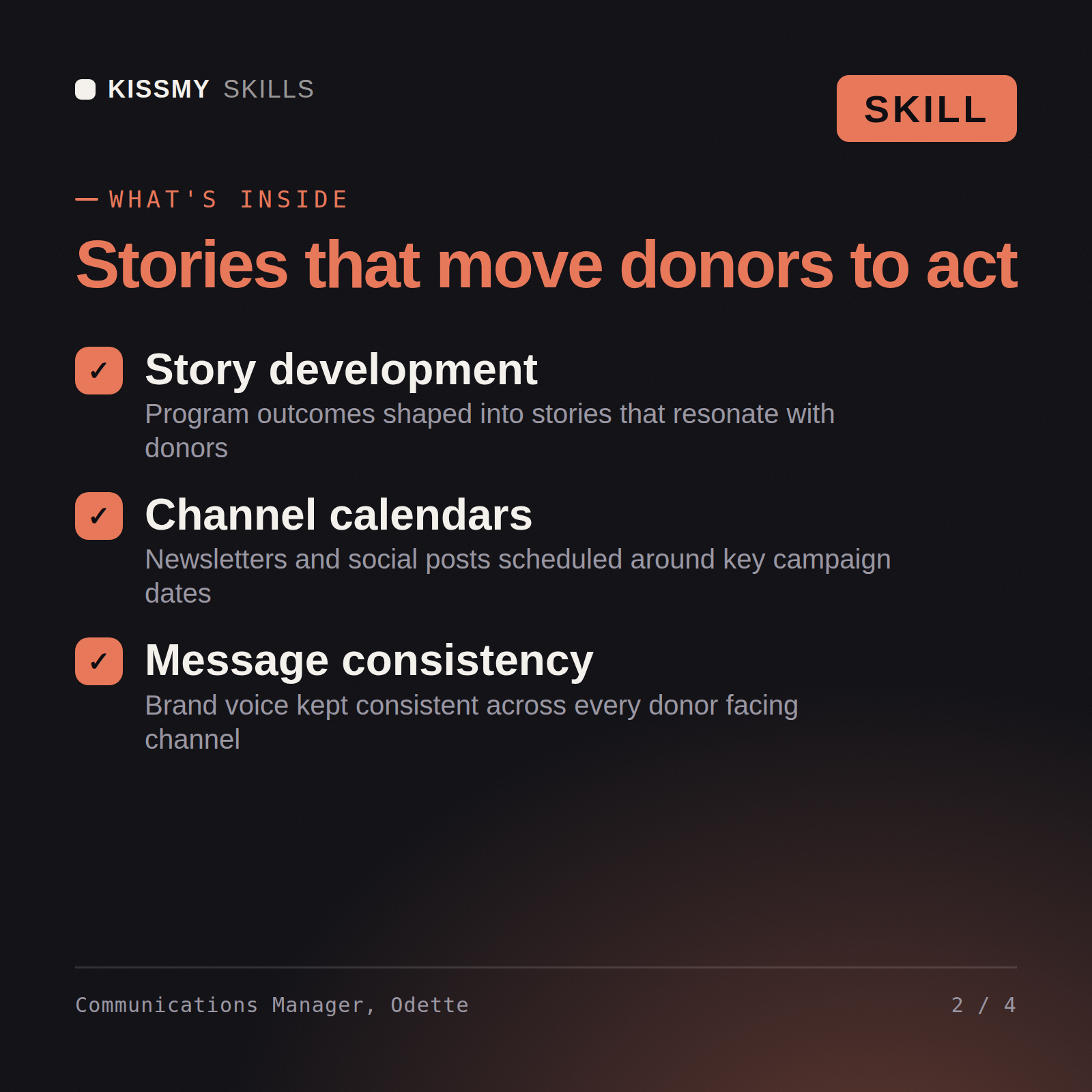 What's inside the Communications Manager, Odette AI skill: Story development, Channel calendars, Message consistency