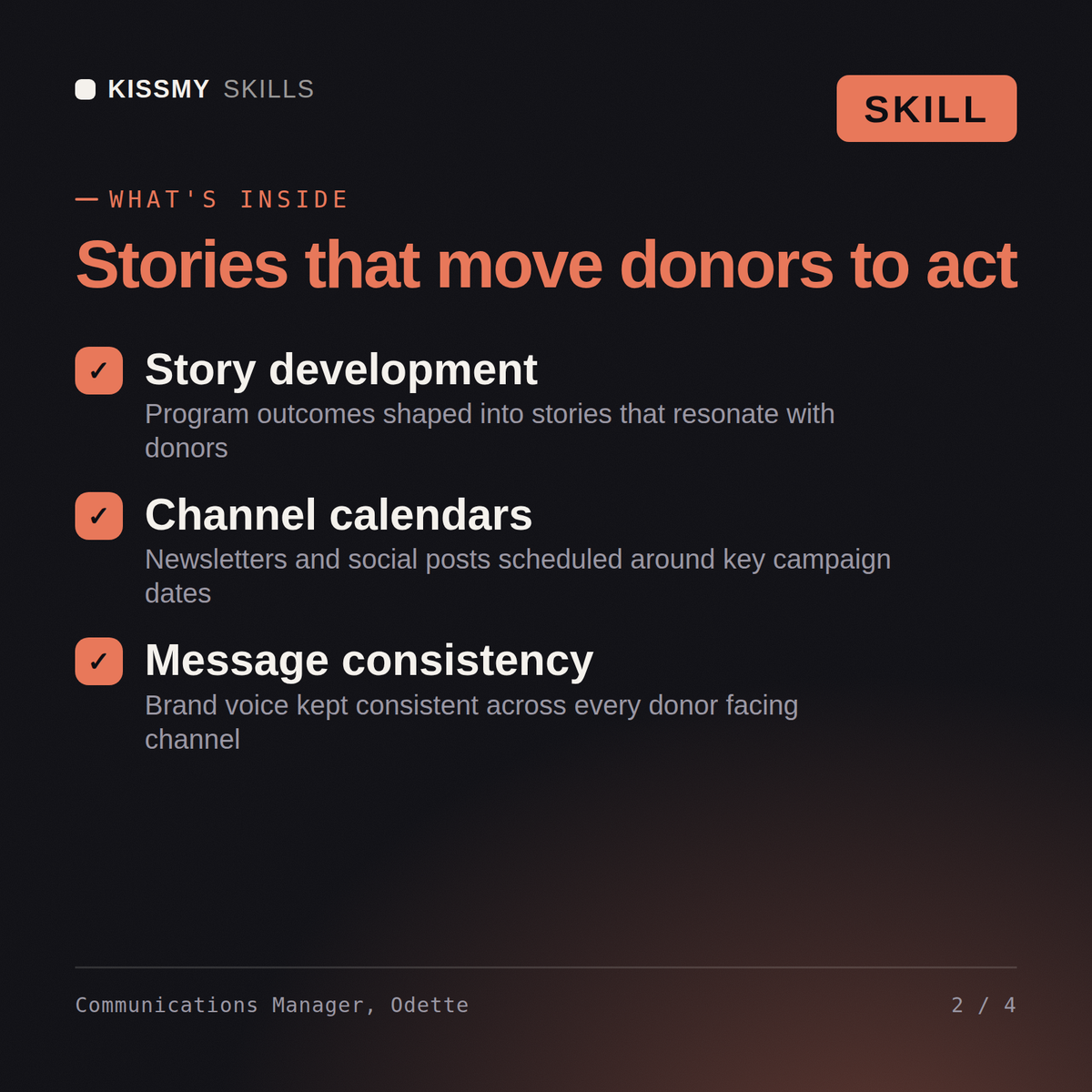 What's inside the Communications Manager, Odette AI skill: Story development, Channel calendars, Message consistency
