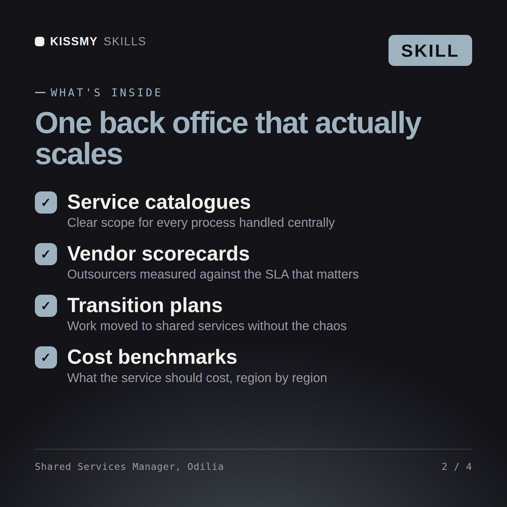 What's inside the Shared Services Manager, Odilia AI skill: Service catalogues, Vendor scorecards, Transition plans, Cost benchmarks