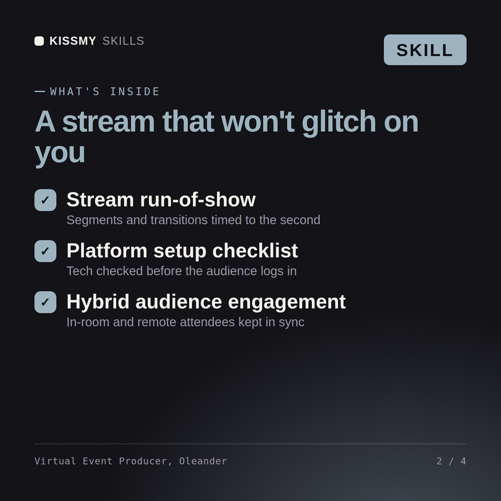 What's inside the Virtual Event Producer, Oleander AI skill: Stream run-of-show, Platform setup checklist, Hybrid audience engagement