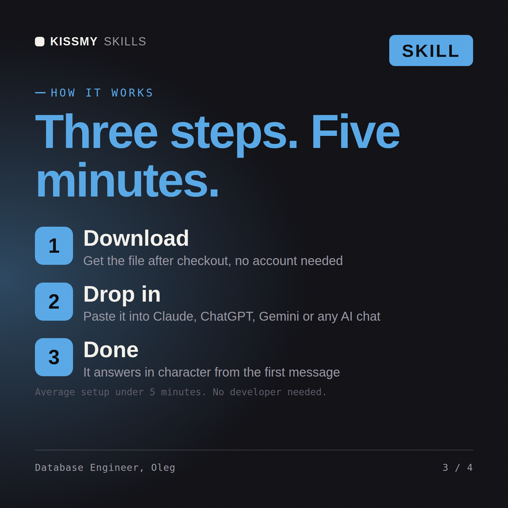 How the Database Engineer, Oleg AI skill works in three steps: download, drop it into your AI chat, done