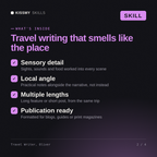 What's inside the Travel Writer, Oliver AI skill: Sensory detail, Local angle, Multiple lengths, Publication ready
