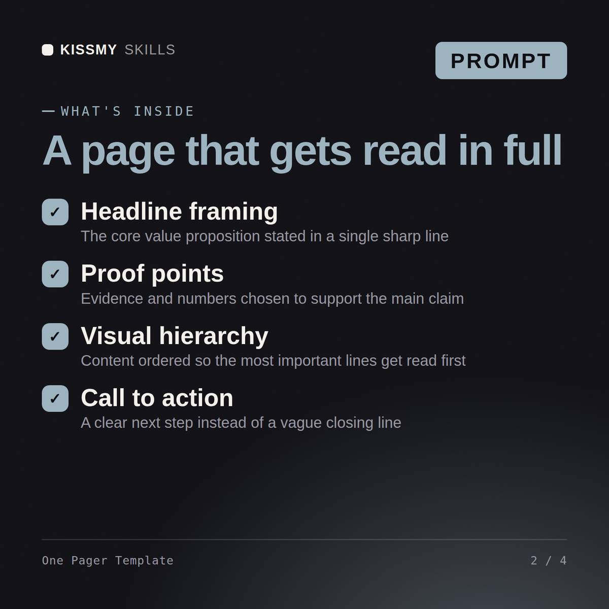 What's inside the One Pager Template AI prompt: Headline framing, Proof points, Visual hierarchy, Call to action