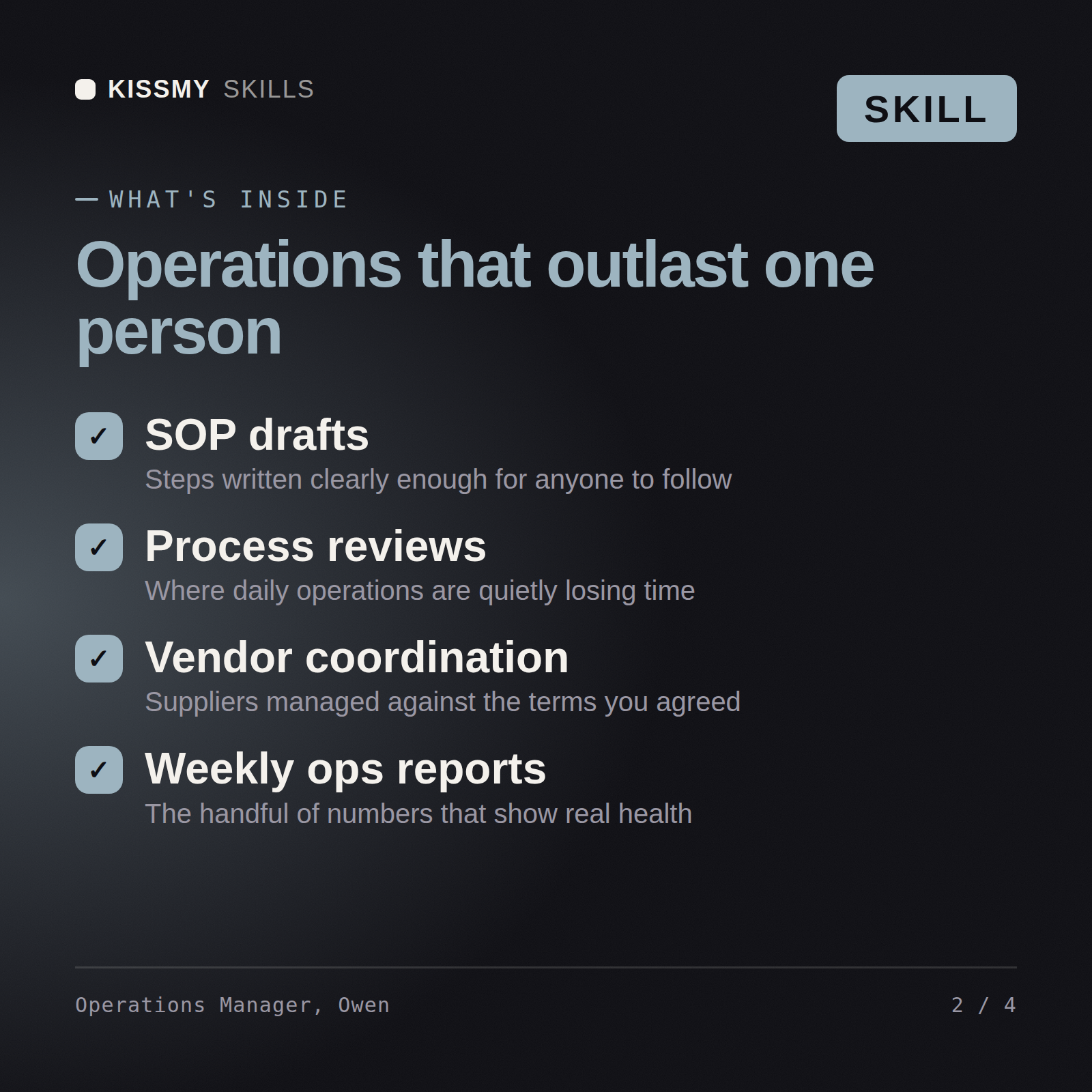 What's inside the Operations Manager, Owen AI skill: SOP drafts, Process reviews, Vendor coordination, Weekly ops reports
