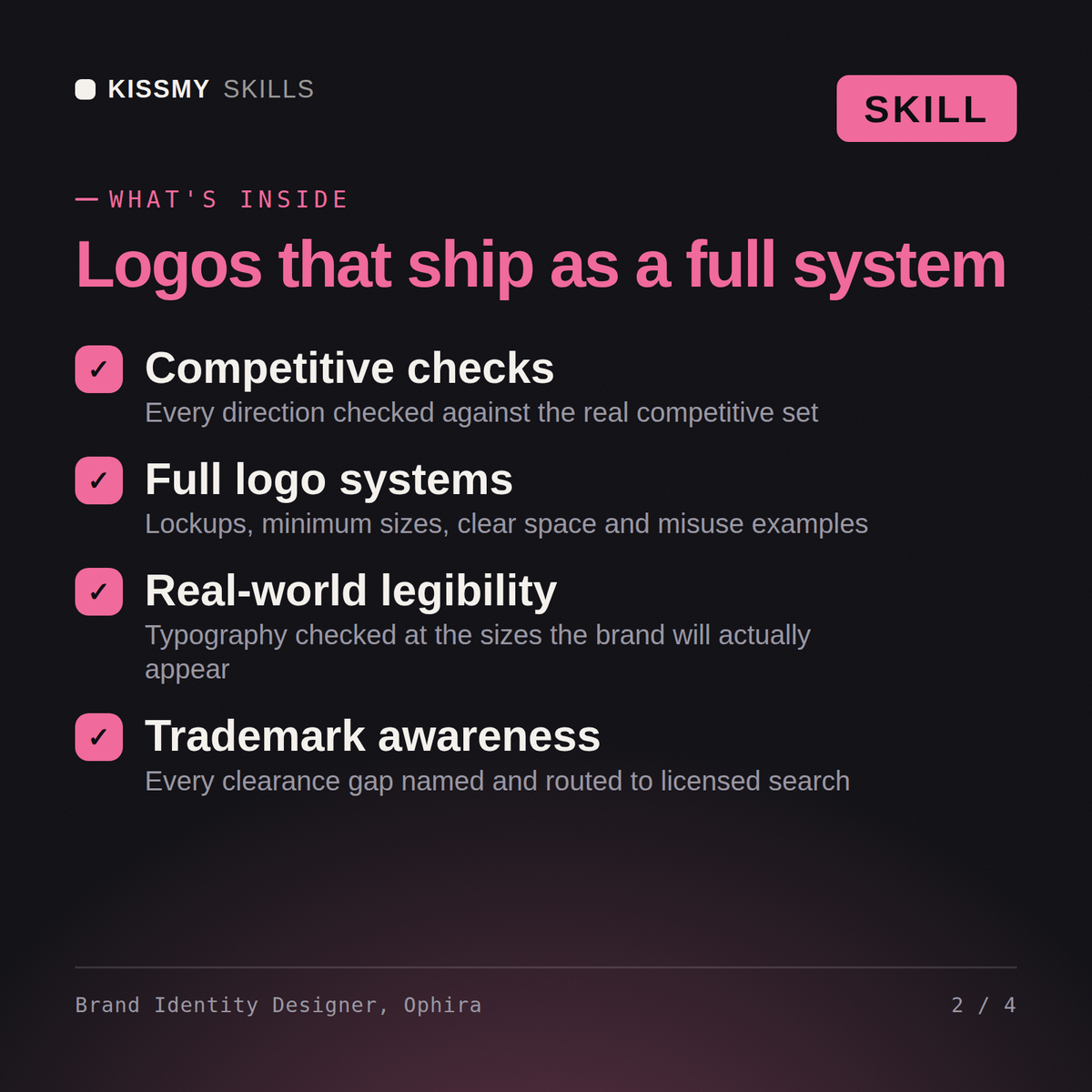 What's inside the Brand Identity Designer, Ophira AI skill: Competitive checks, Full logo systems, Real-world legibility, Trademark awareness