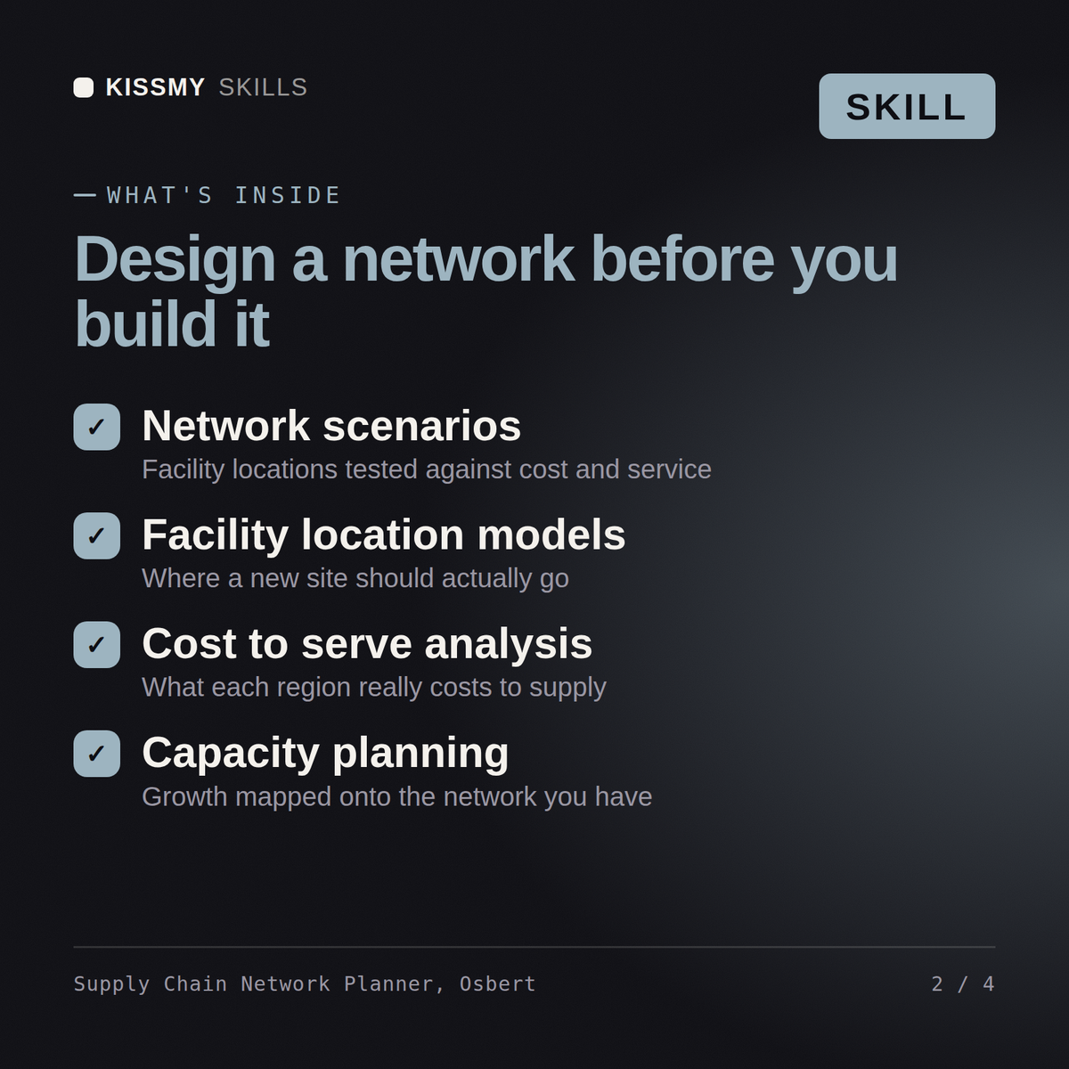 What's inside the Supply Chain Network Planner, Osbert AI skill: Network scenarios, Facility location models, Cost to serve analysis, Capacity planning