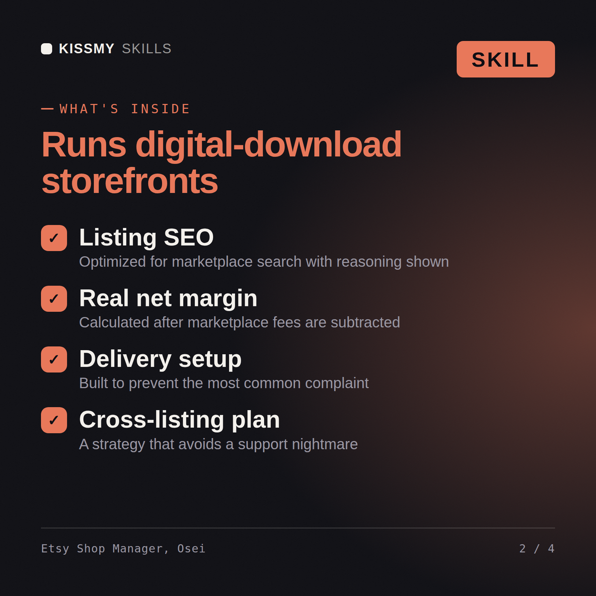 What's inside the Etsy Shop Manager, Osei AI skill: Listing SEO, Real net margin, Delivery setup, Cross-listing plan