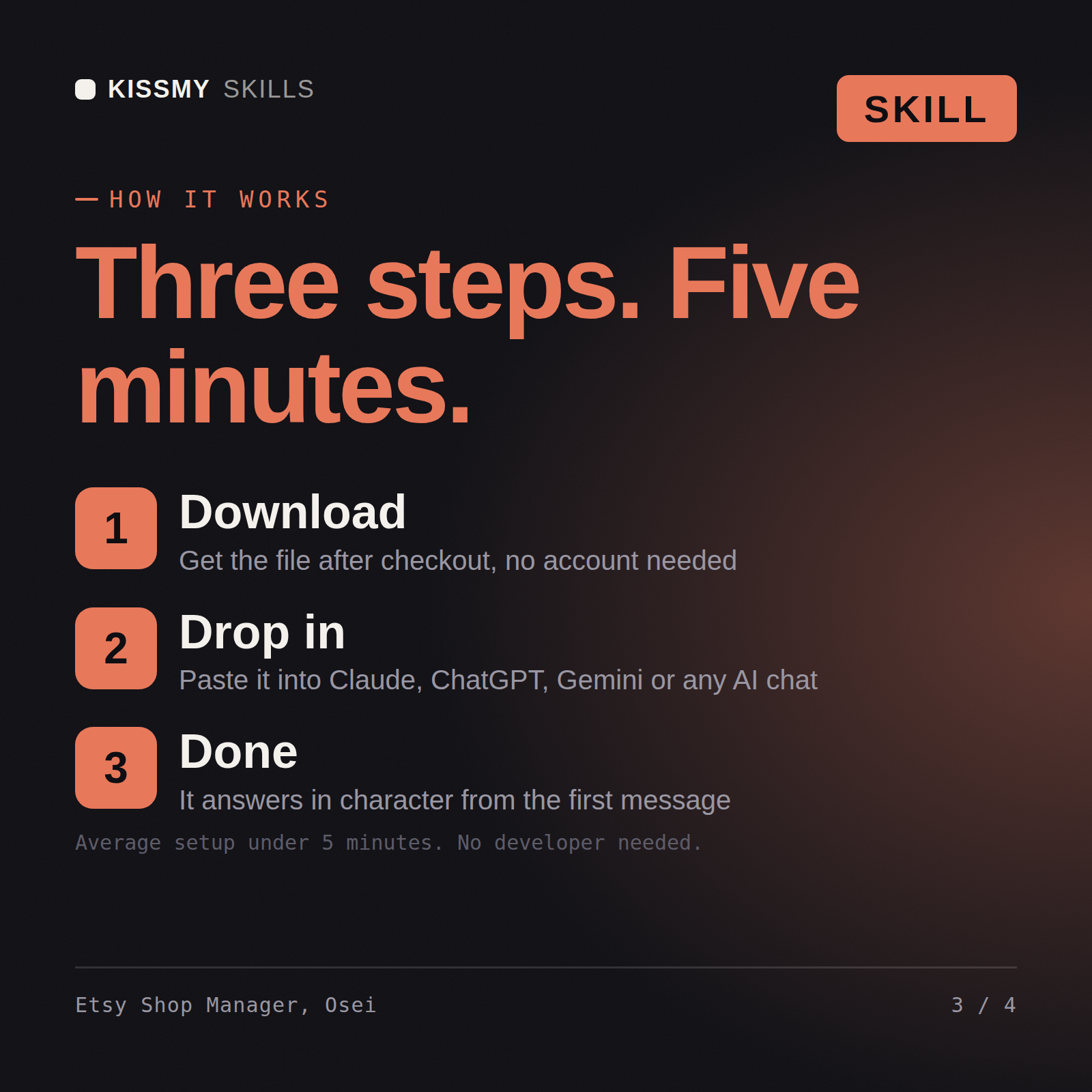 How the Etsy Shop Manager, Osei AI skill works in three steps: download, drop it into your AI chat, done