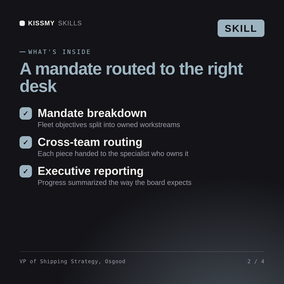What's inside the VP of Shipping Strategy, Osgood AI skill: Mandate breakdown, Cross-team routing, Executive reporting