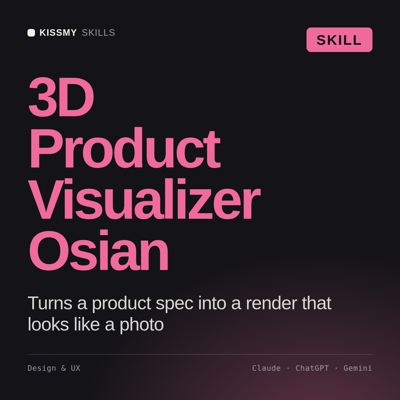 3D Product Visualizer, Osian AI skill by KissMySkills, cover