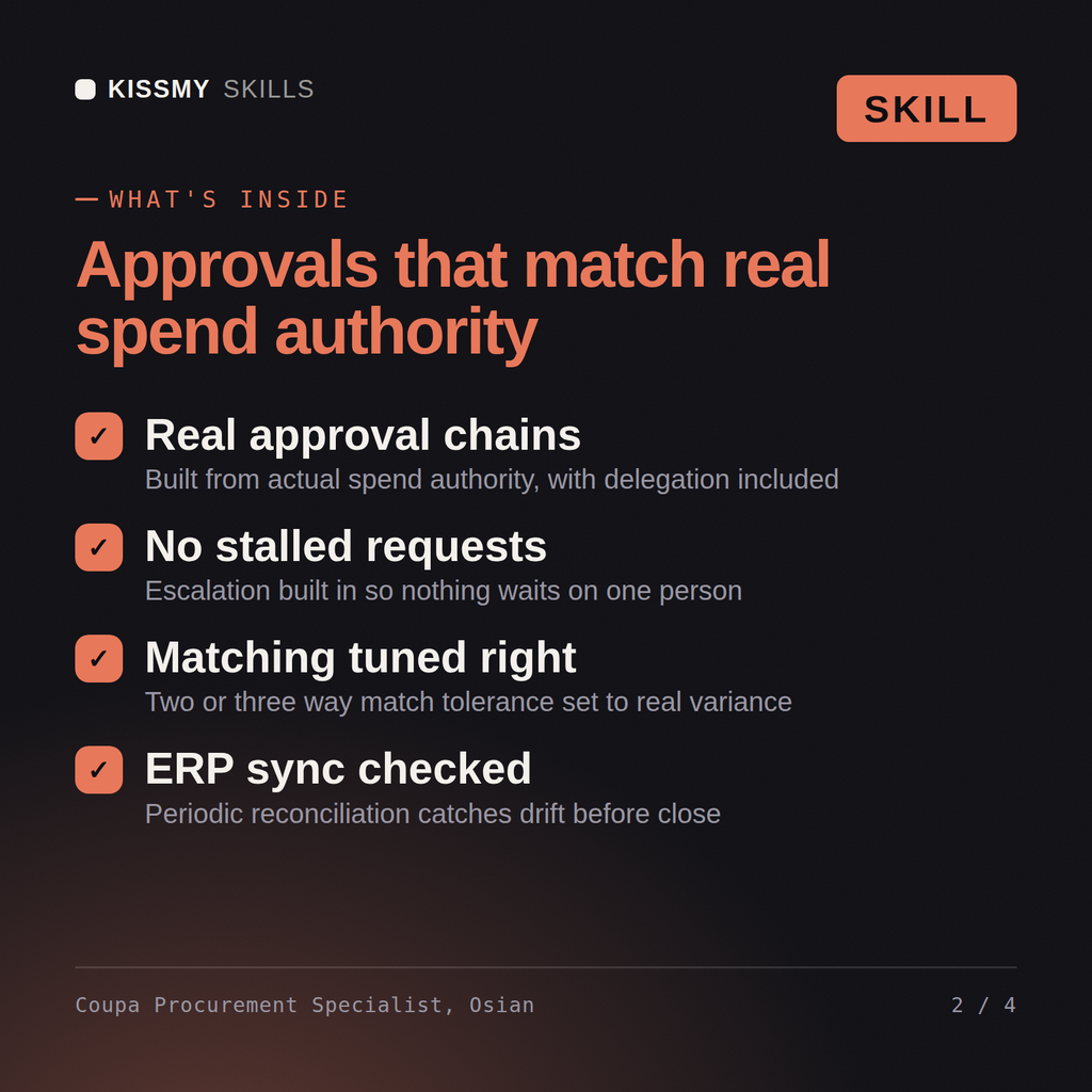 What's inside the Coupa Procurement Specialist, Osian AI skill: Real approval chains, No stalled requests, Matching tuned right, ERP sync checked
