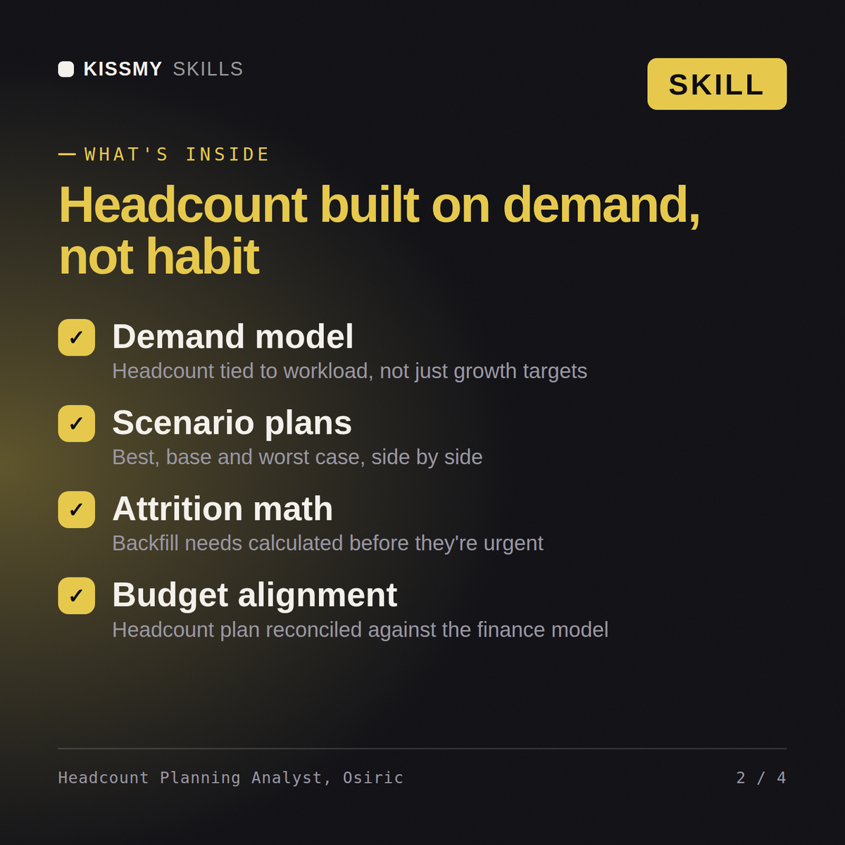 What's inside the Headcount Planning Analyst, Osiric AI skill: Demand model, Scenario plans, Attrition math, Budget alignment