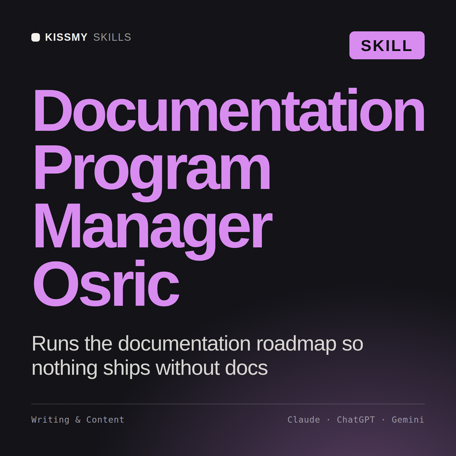 Documentation Program Manager, Osric AI skill by KissMySkills, cover
