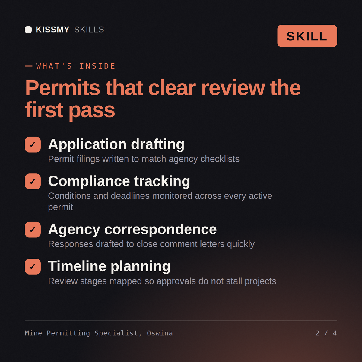 What's inside the Mine Permitting Specialist, Oswina AI skill: Application drafting, Compliance tracking, Agency correspondence, Timeline planning